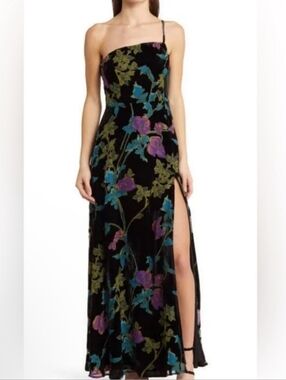Black Floral Velvet Maxi Skirt with Side Slit
